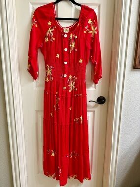 Fig and Flower Red Floral Embroidered Women's Dress